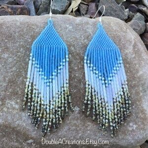 Sky Blue Beaded Earrings With Picasso Rattlesnake Fringe, Handmade
